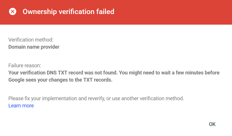 Google Search Console verification failed